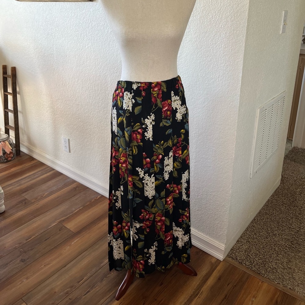 Marisa Christina Black Floral Maxi Skirt with Red and Cream Blooms